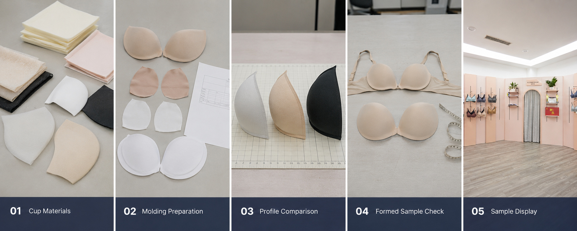 Bra cup materials, molding preparation and formed sample inspection