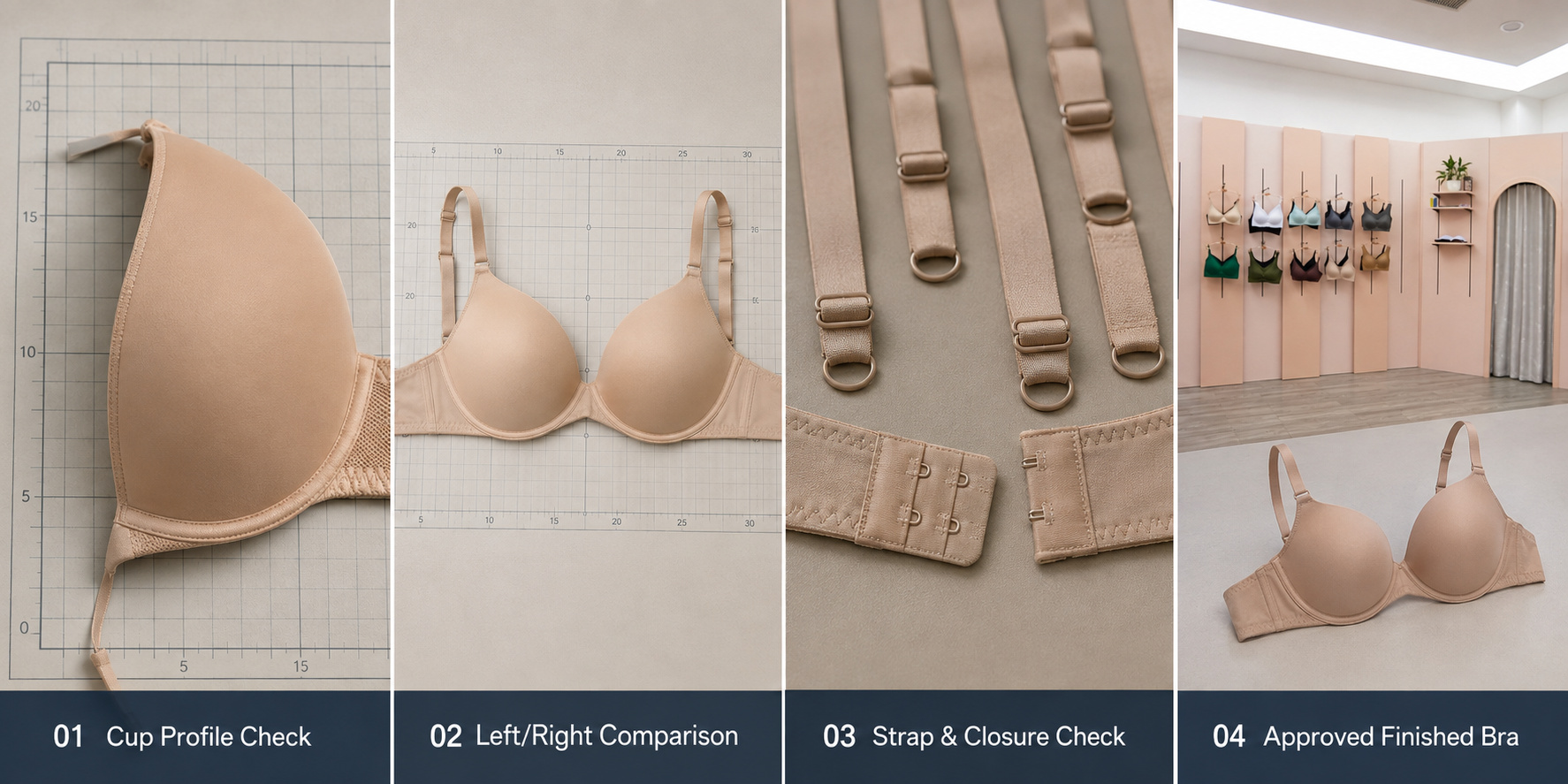 Bra cup profile, symmetry, strap and closure inspection