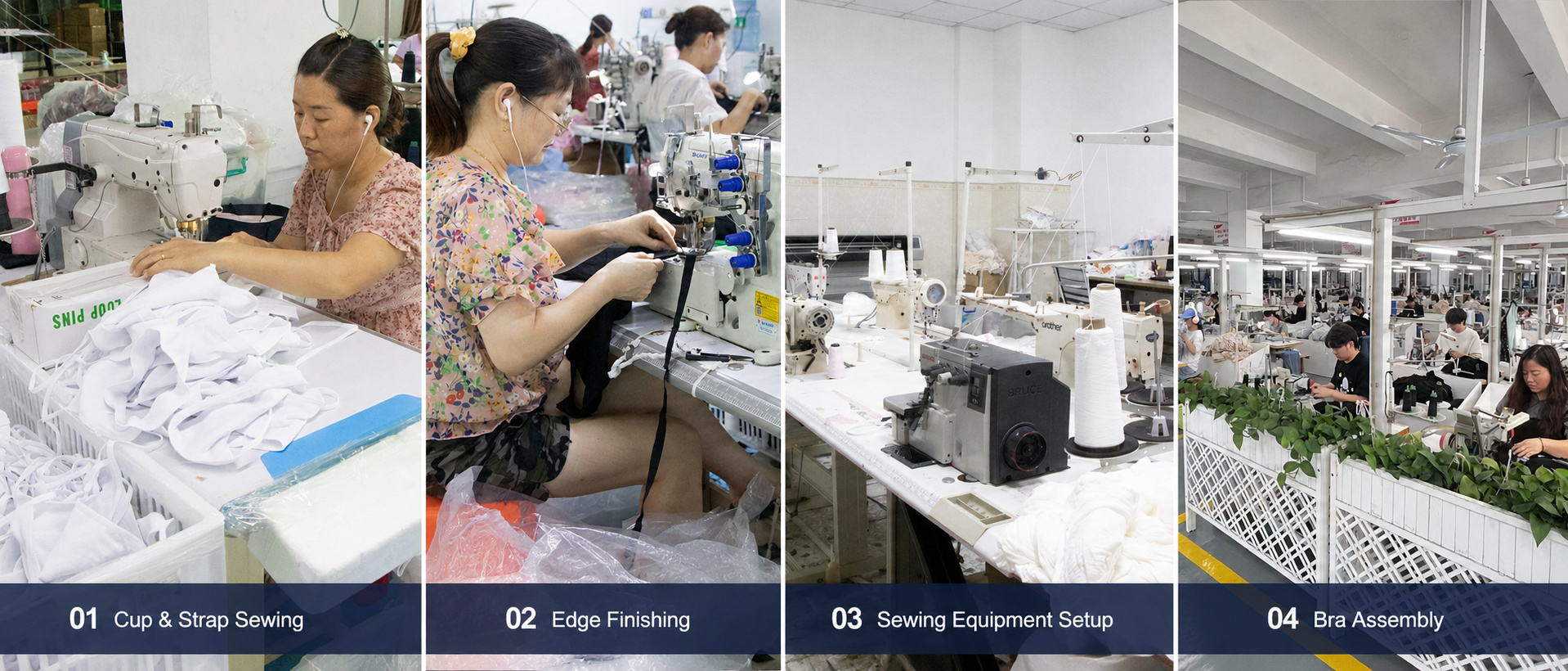 Bra cup sewing, edge finishing and production assembly
