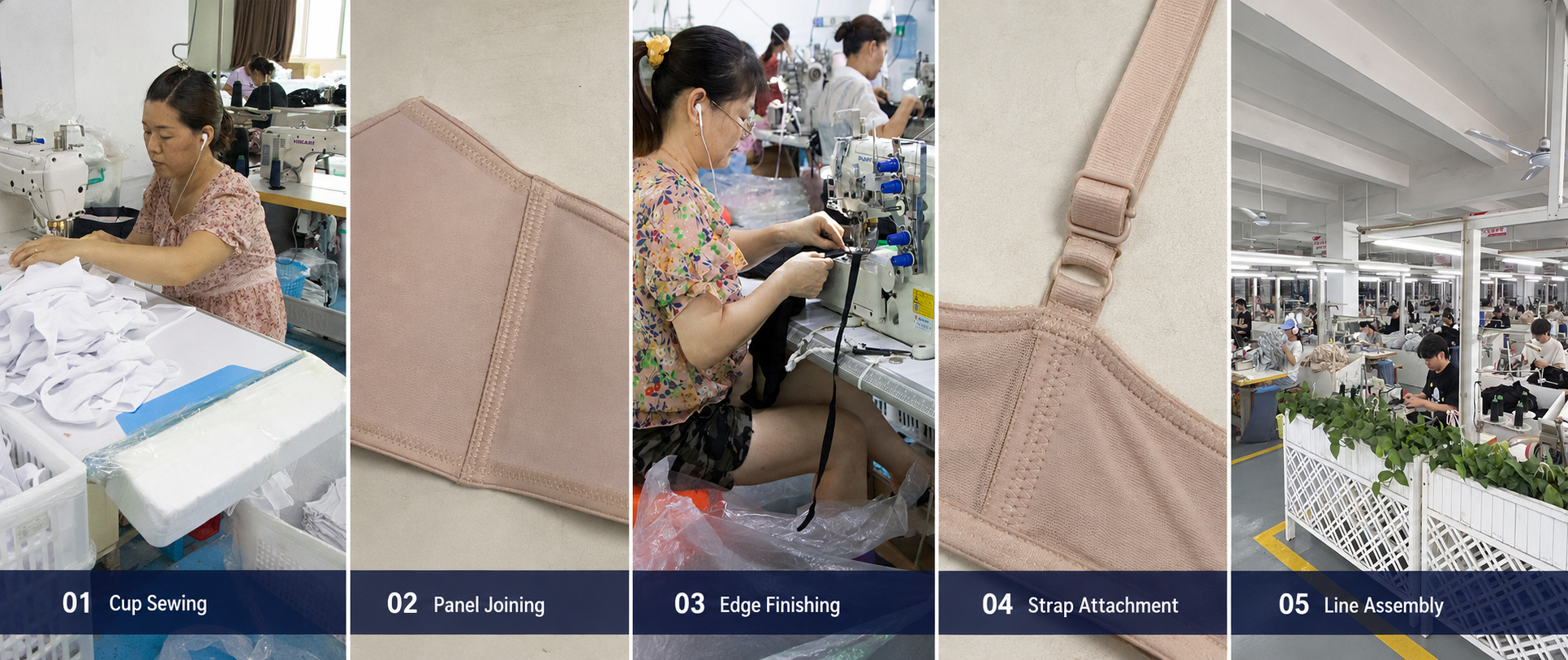 Bra cup sewing, panel joining, edge finishing and strap attachment