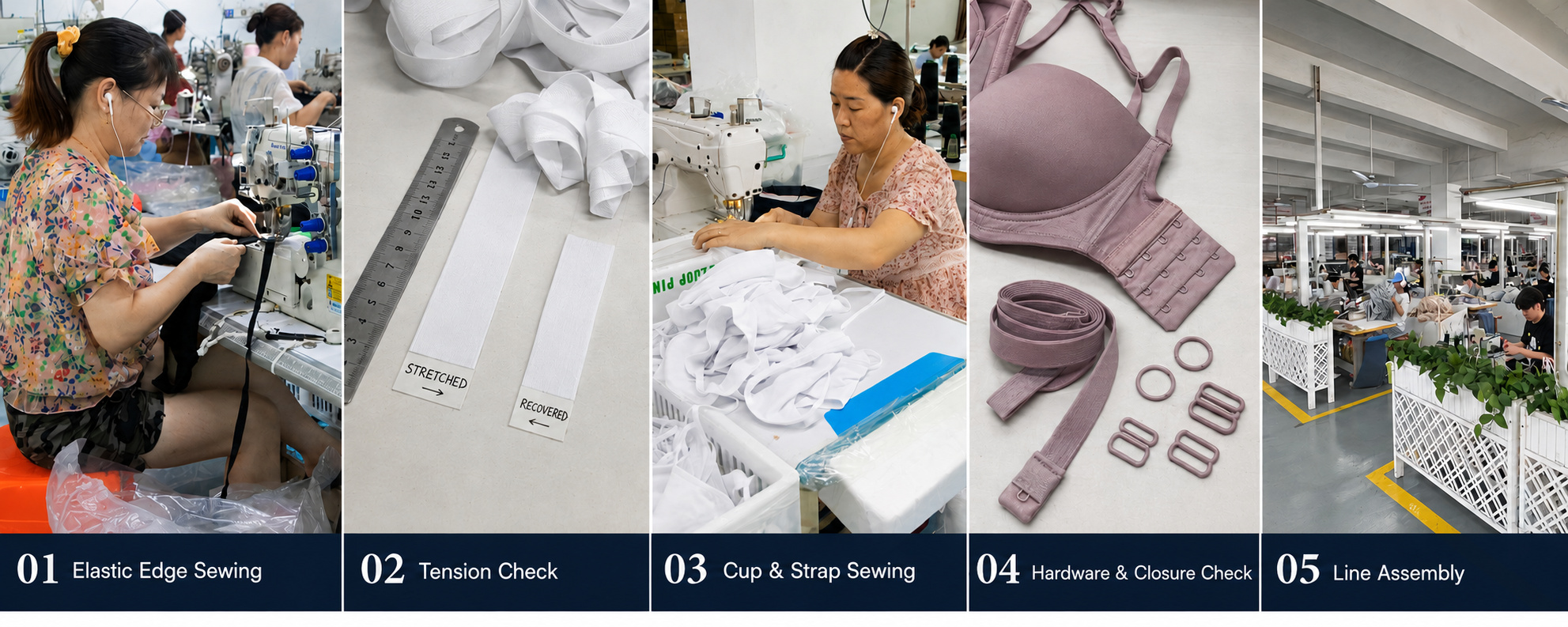 Bra elastic sewing, tension check, hardware and closure inspection
