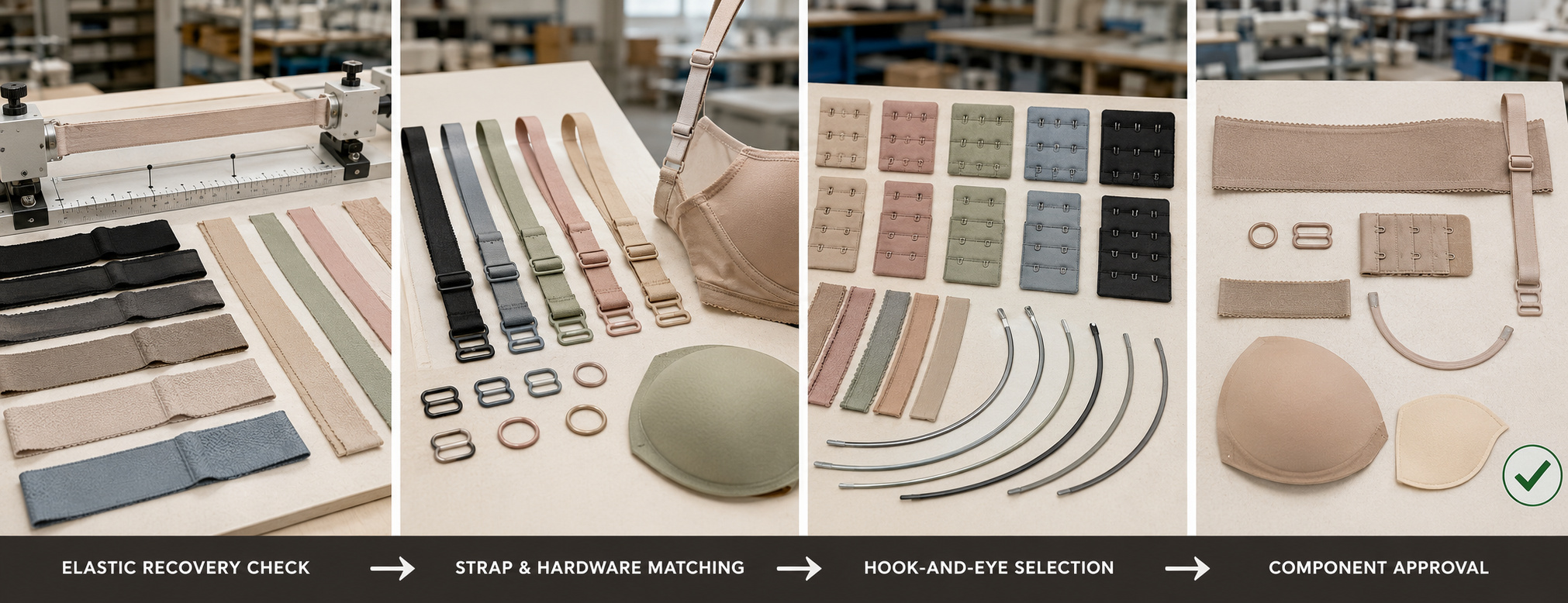 Bra elastic, strap and closure component approval