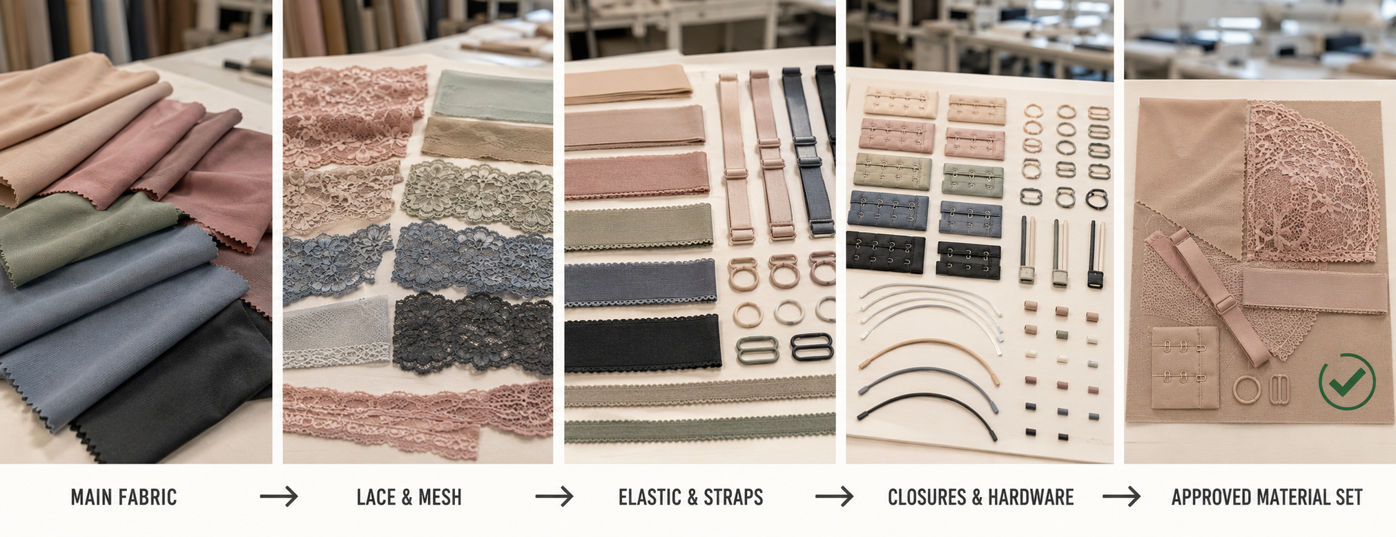 Bra fabric, lace, straps and component selection