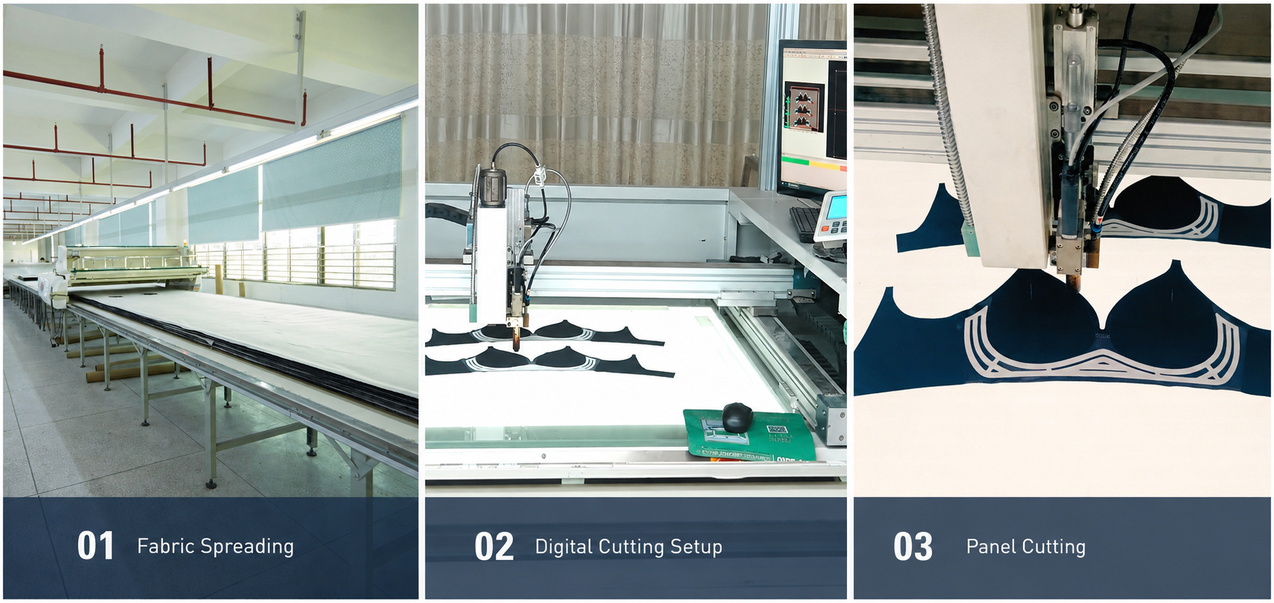 Bra fabric spreading, digital cutting setup and panel cutting