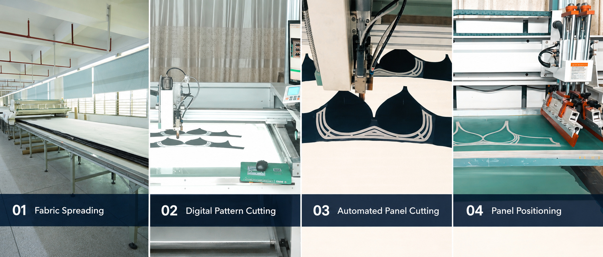 Bra fabric spreading, digital pattern cutting and panel positioning