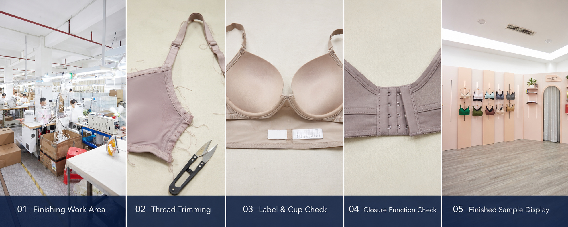 Bra finishing, thread trimming, label inspection and closure checking process