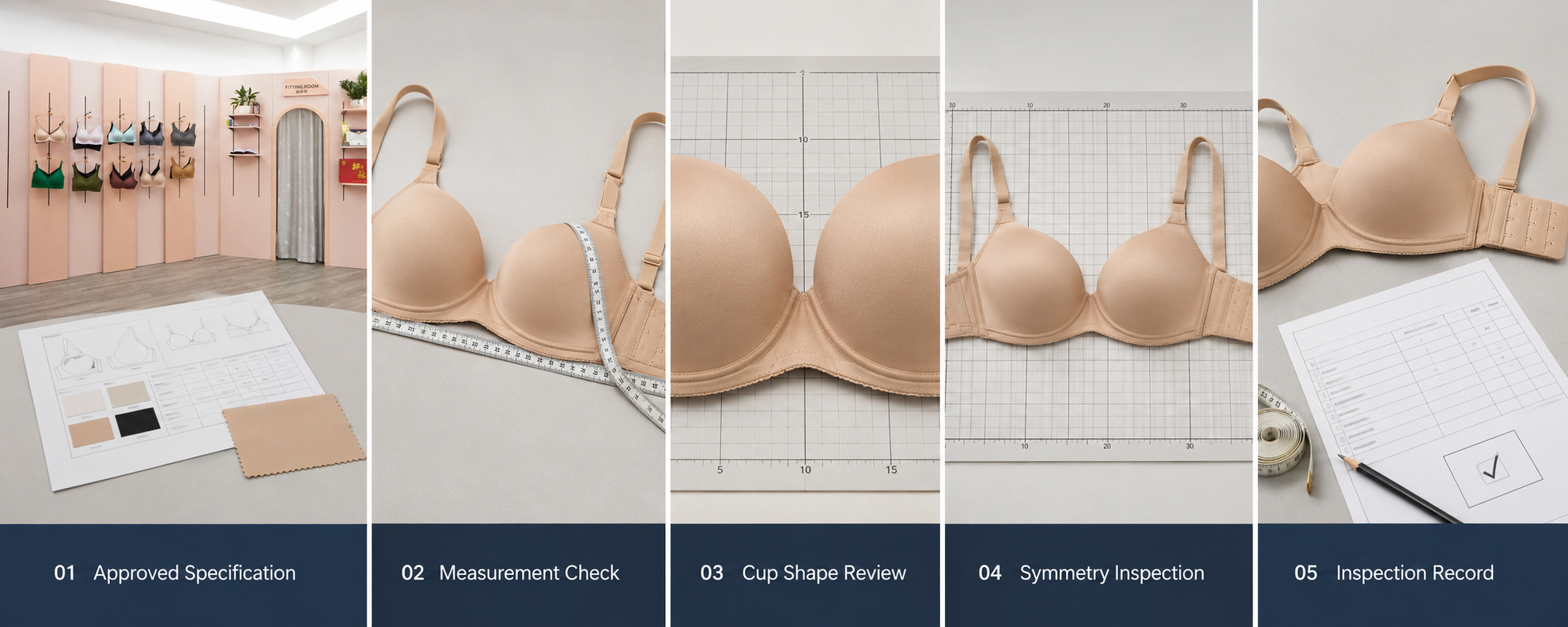 Bra size, cup shape and symmetry inspection process