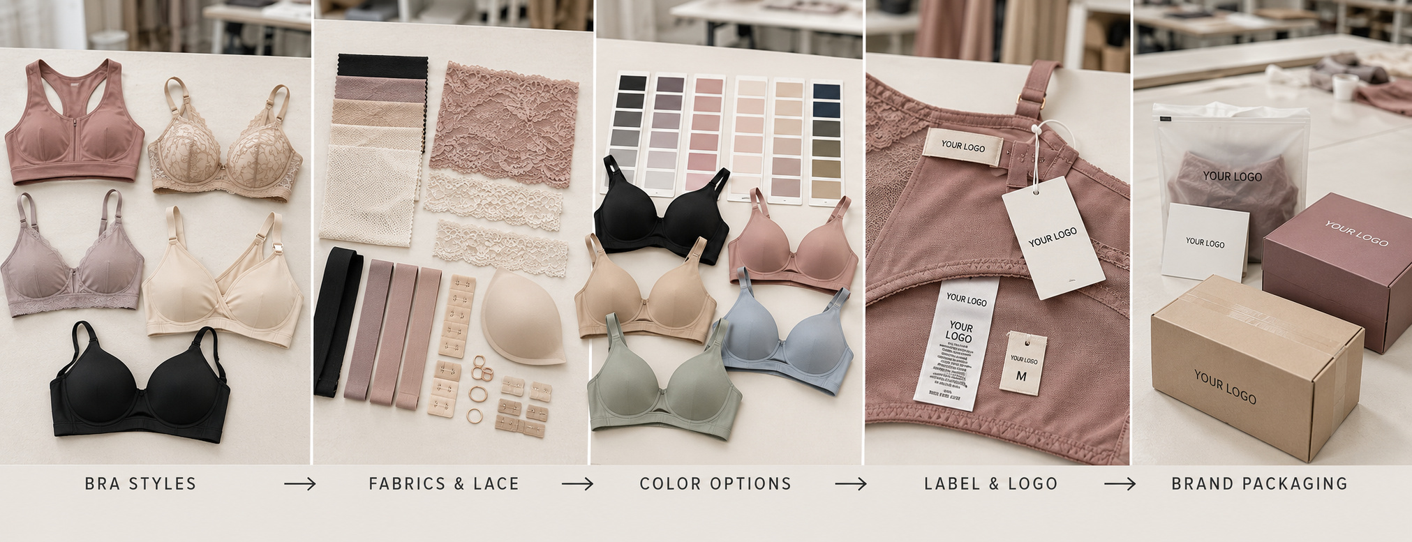 Custom OEM bra styles, fabrics, colors, labels and packaging