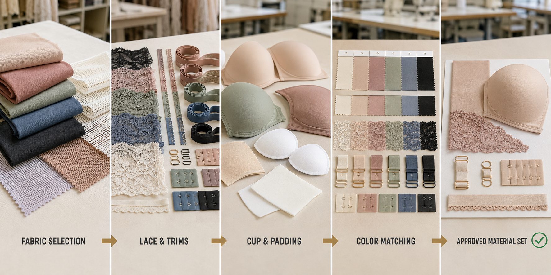 Custom bra fabric, lace, padding and color selection